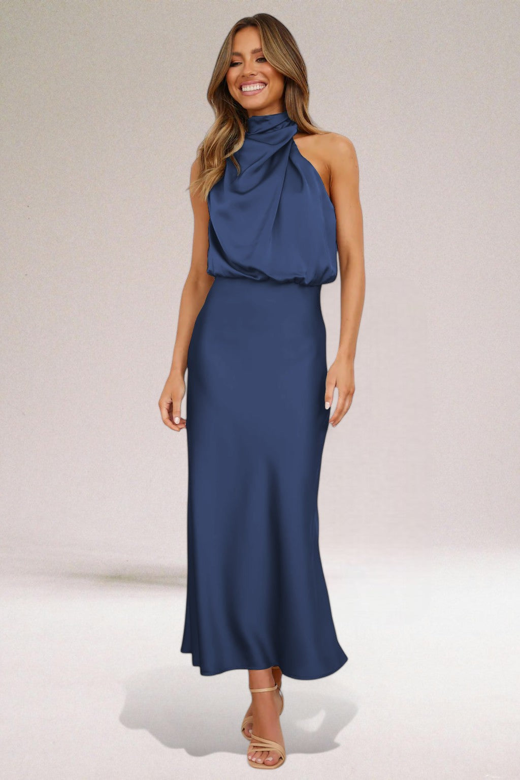 Flavia | Glamorous Satin Dress with Halter Neckline
