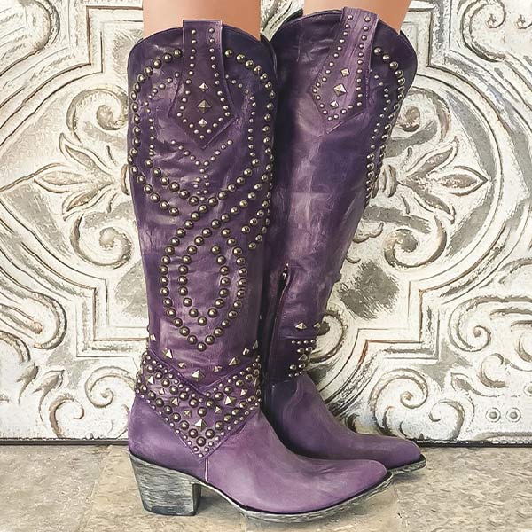 Cheri | Edgy High Boots – Distressed Leather – Rivet Detail – Thick Heel – Side Zipper