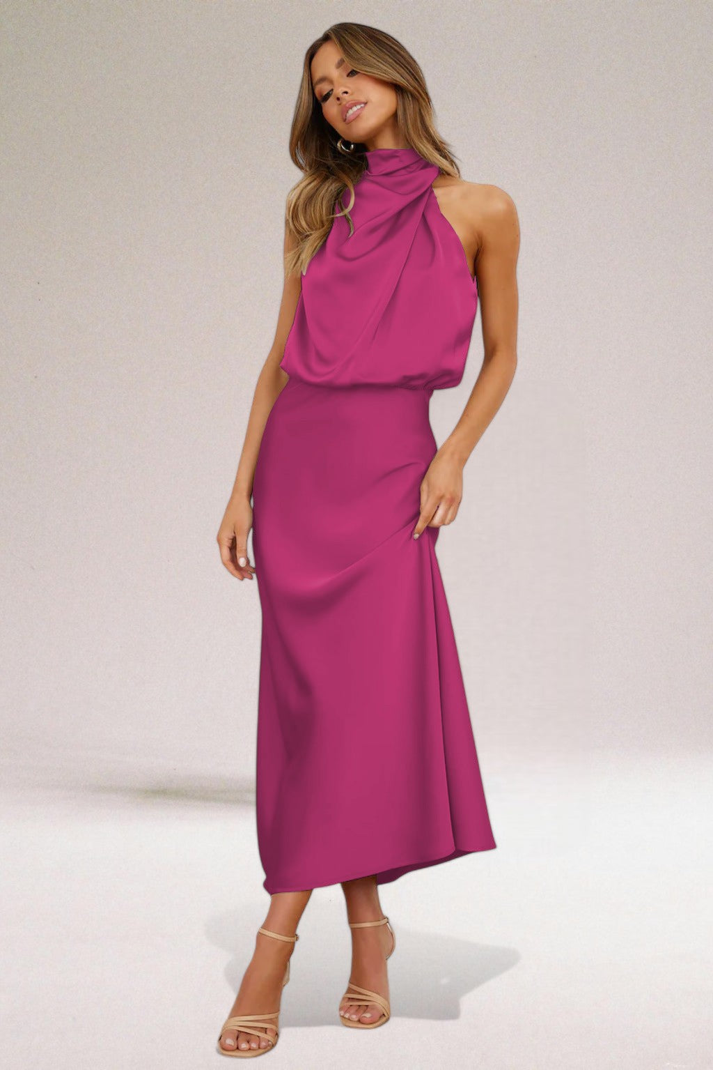 Flavia | Glamorous Satin Dress with Halter Neckline