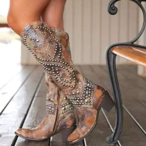 Cheri | Edgy High Boots – Distressed Leather – Rivet Detail – Thick Heel – Side Zipper