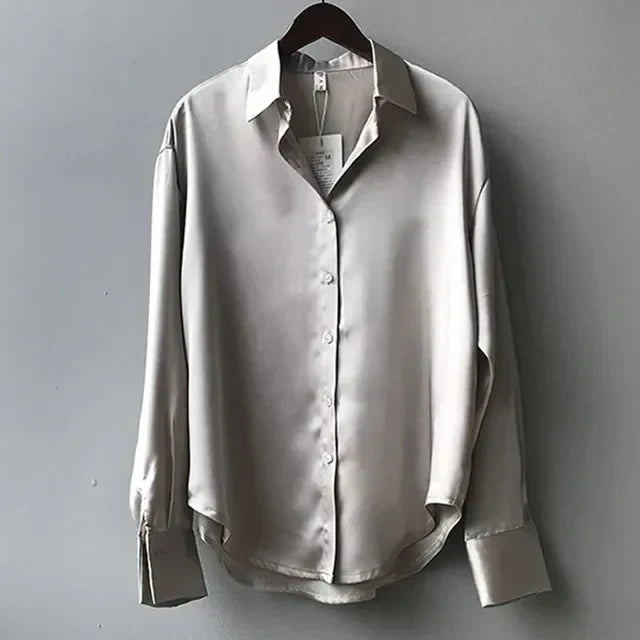 Olive | Elegant Fit Satin Blouse with Soft Sheen