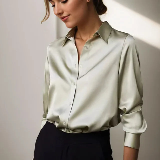 Olive | Elegant Fit Satin Blouse with Soft Sheen