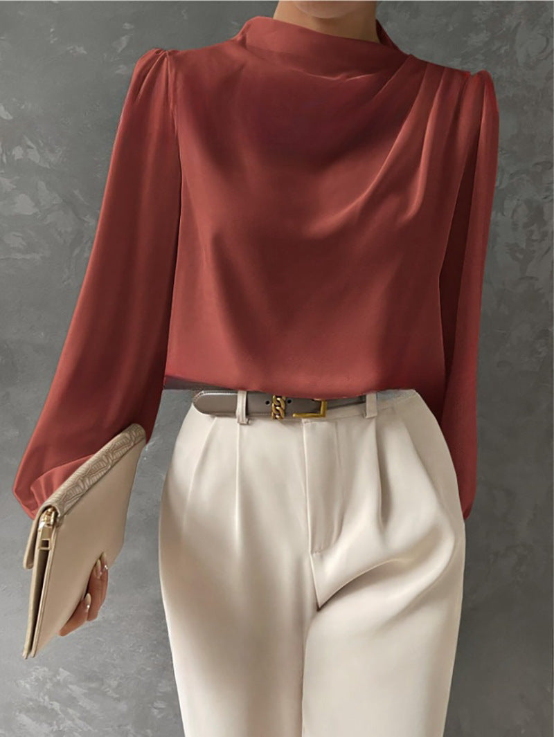 Hera | Women’s Elegant Satin Blouse – Relaxed Fit – High Neck Long Sleeve Top