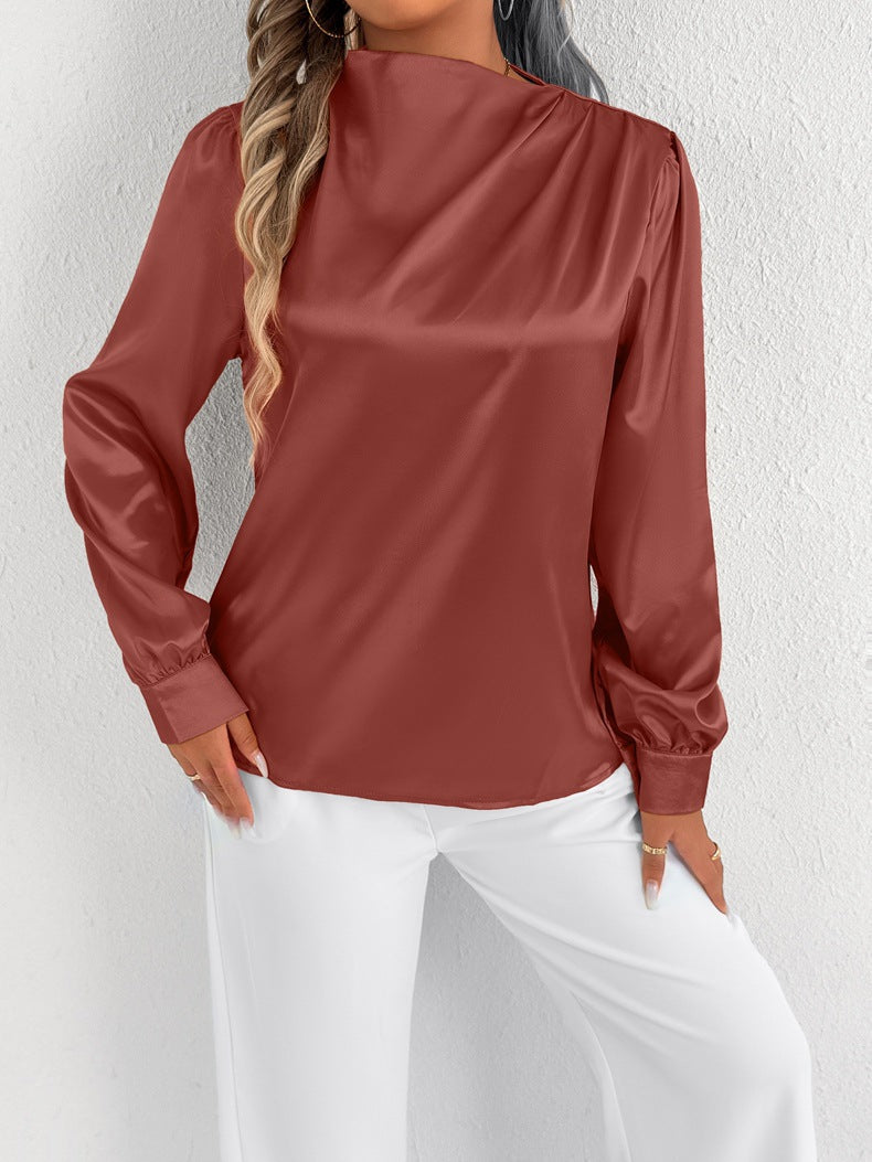 Angelica | Elegant Women’s Satin Blouse – Relaxed Fit, High Neck, Long Sleeve