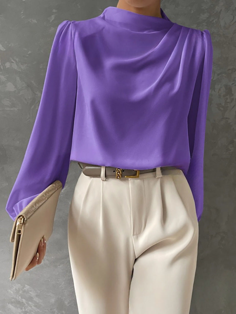 Hera | Women’s Elegant Satin Blouse – Relaxed Fit – High Neck Long Sleeve Top