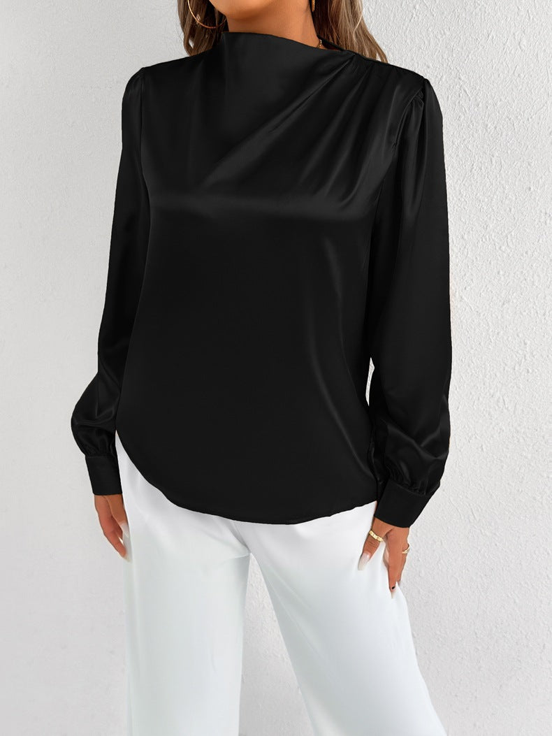 Angelica | Elegant Women’s Satin Blouse – Relaxed Fit, High Neck, Long Sleeve