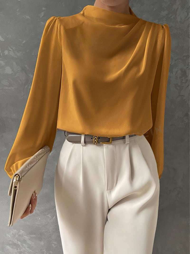 Hera | Women’s Elegant Satin Blouse – Relaxed Fit – High Neck Long Sleeve Top