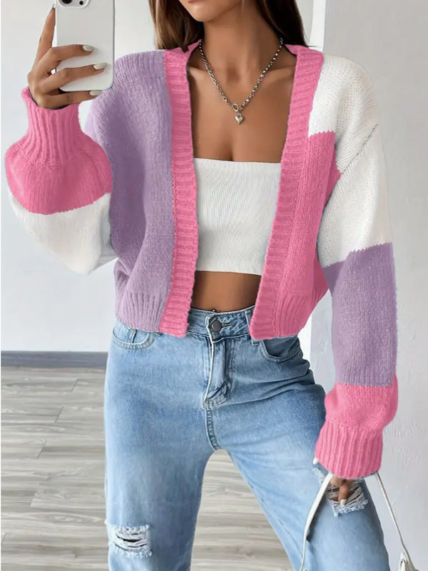 Joanna - Women's Cropped Color Block Cardigan