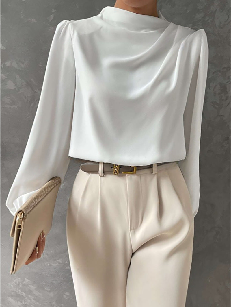 Hera | Women’s Elegant Satin Blouse – Relaxed Fit – High Neck Long Sleeve Top
