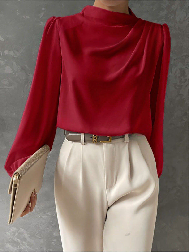 Hera | Women’s Elegant Satin Blouse – Relaxed Fit – High Neck Long Sleeve Top