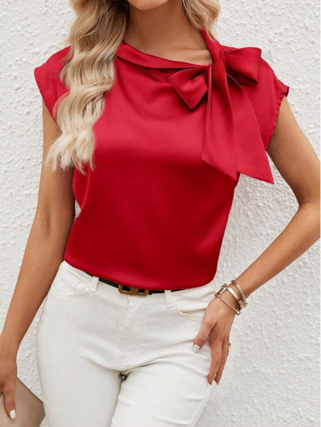 Bernice | Women’s Elegant Satin Blouse – Relaxed Fit, Bow Neck, Cap Sleeve