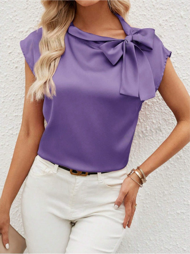 Bernice | Women’s Elegant Satin Blouse – Relaxed Fit, Bow Neck, Cap Sleeve