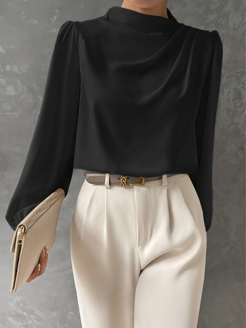 Hera | Women’s Elegant Satin Blouse – Relaxed Fit – High Neck Long Sleeve Top