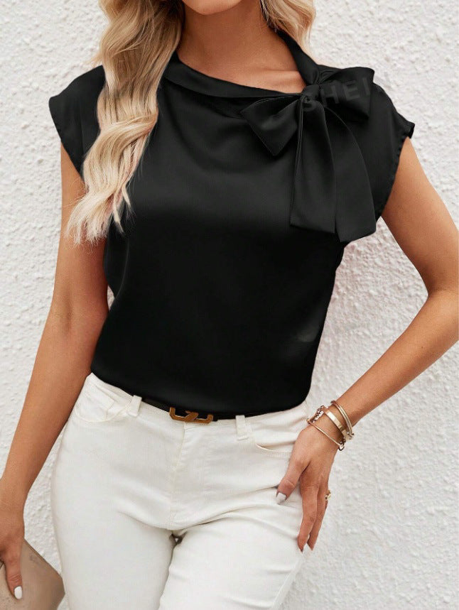 Bernice | Women’s Elegant Satin Blouse – Relaxed Fit, Bow Neck, Cap Sleeve