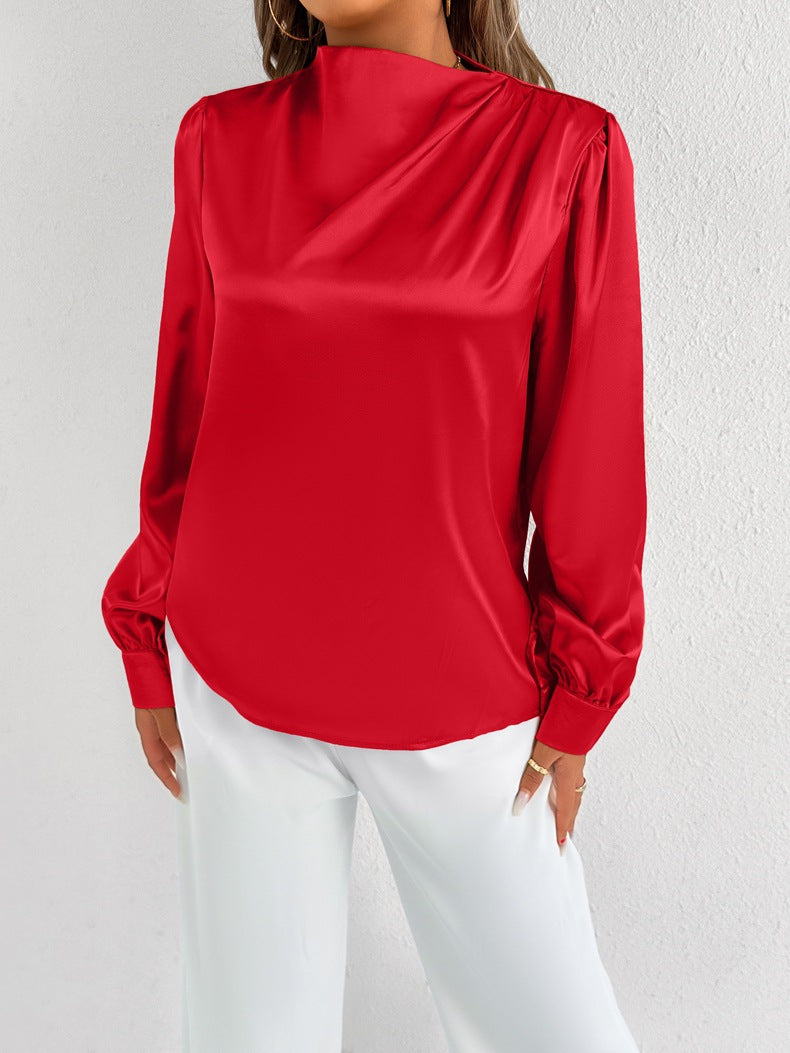 Angelica | Elegant Women’s Satin Blouse – Relaxed Fit, High Neck, Long Sleeve