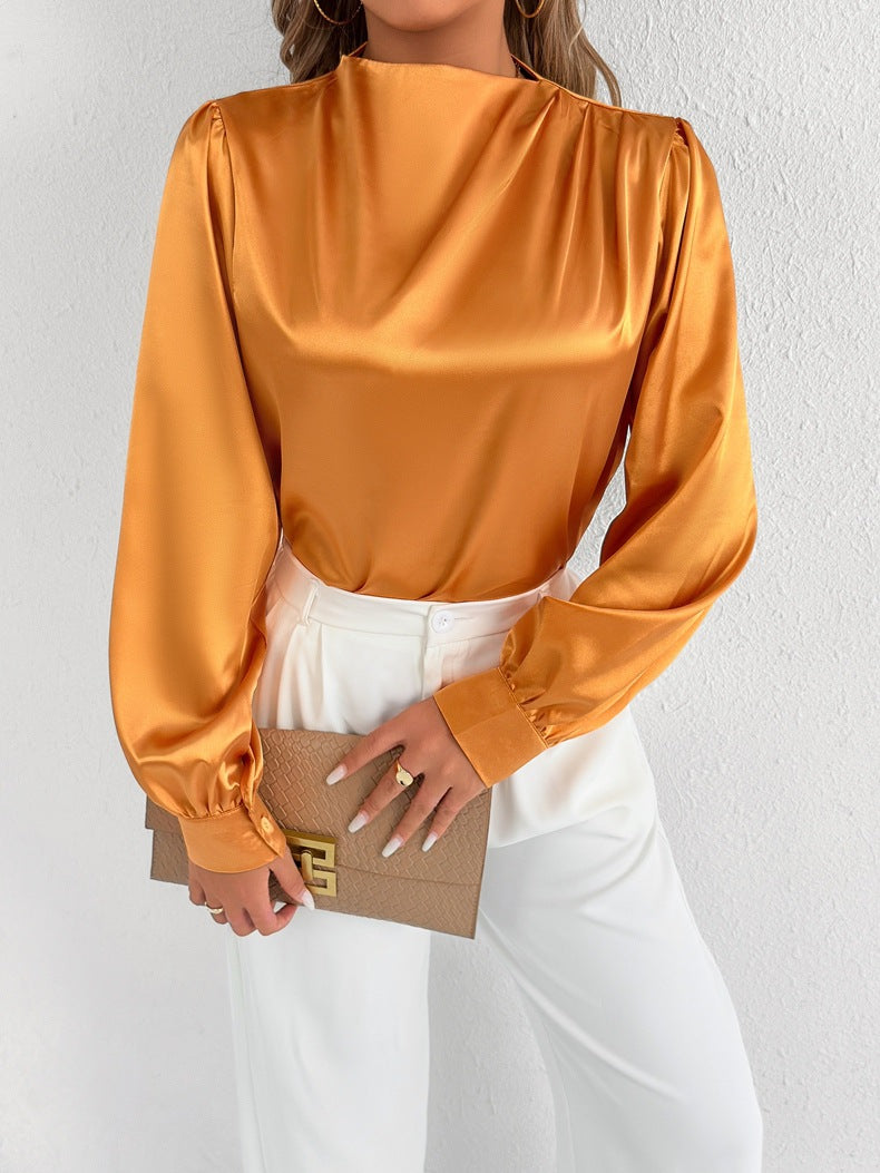 Angelica | Elegant Women’s Satin Blouse – Relaxed Fit, High Neck, Long Sleeve