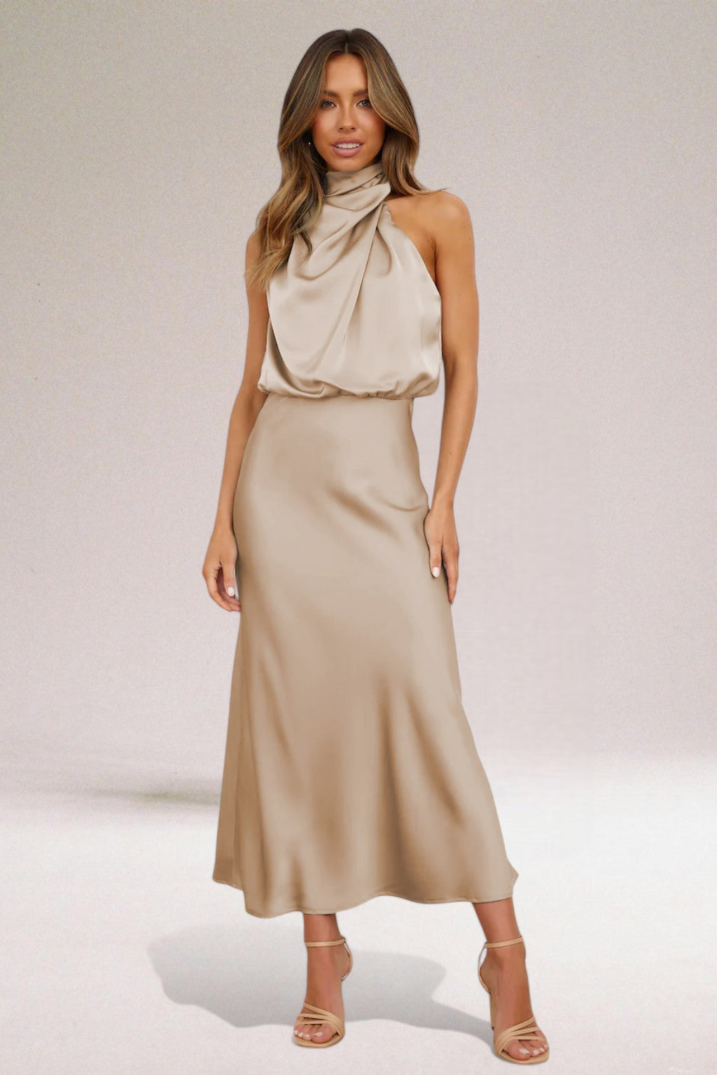 Flavia | Glamorous Satin Dress with Halter Neckline