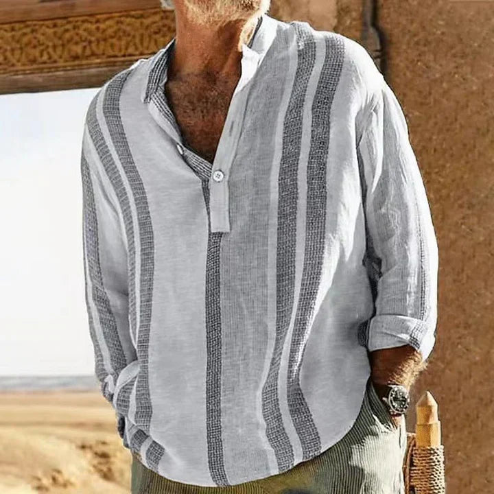 Rhys | Casual Striped Linen Shirt with Grandad Collar