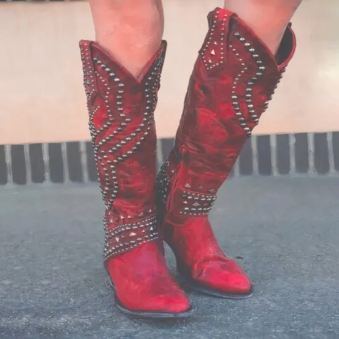 Cheri | Edgy High Boots – Distressed Leather – Rivet Detail – Thick Heel – Side Zipper