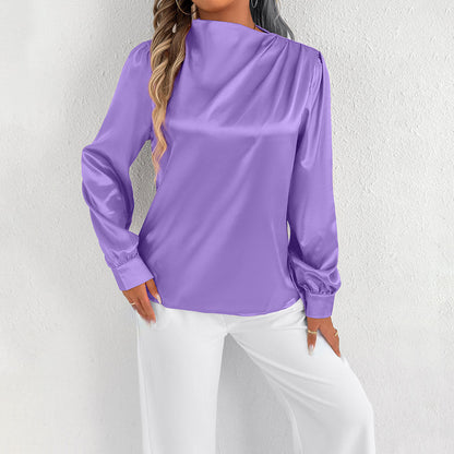 Angelica | Elegant Women’s Satin Blouse – Relaxed Fit, High Neck, Long Sleeve