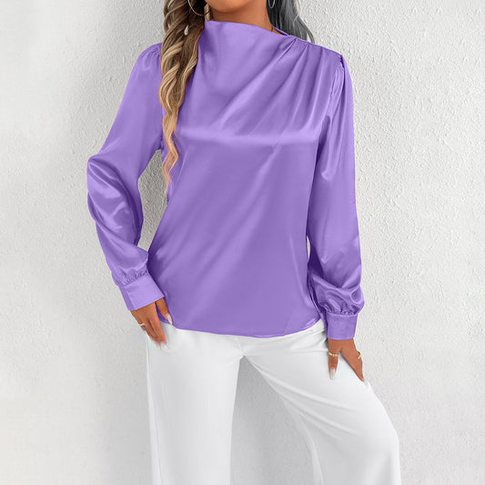 Angelica | Elegant Women’s Satin Blouse – Relaxed Fit, High Neck, Long Sleeve