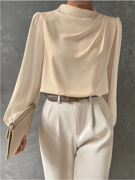 Hera | Women’s Elegant Satin Blouse – Relaxed Fit – High Neck Long Sleeve Top