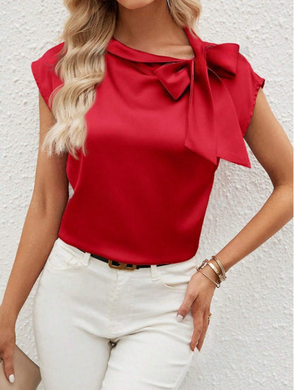 Bernice | Women’s Elegant Satin Blouse – Relaxed Fit, Bow Neck, Cap Sleeve