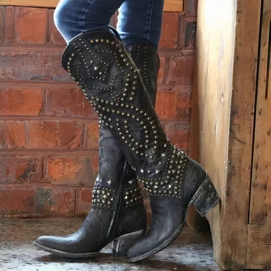 Cheri | Edgy High Boots – Distressed Leather – Rivet Detail – Thick Heel – Side Zipper
